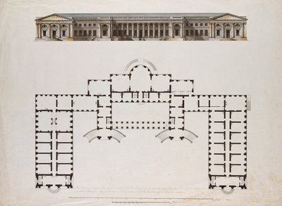 Nordansicht und Grundriss des Alexanderpalastes in Zarskoje Selo, ca. 1780er von Giacomo Antonio Domenico Quarenghi